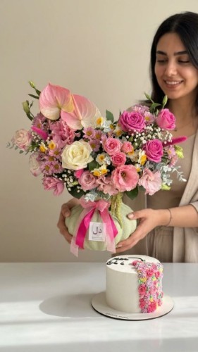 نمونه گل و کیک روز مادر با گلدان ماندگار